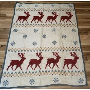 Vintage Crown Crafts Dinarsu Blanket 1986 Reindeer Snowflakes Reversible 77x59